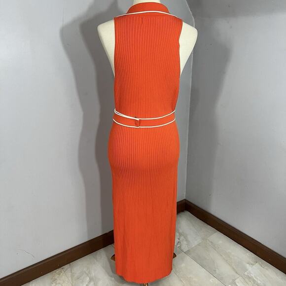 Nicholas Giuliana Ribbed Knit Midi Belted Sweater Dress Large Orange Stretchy - Picture 12 of 16